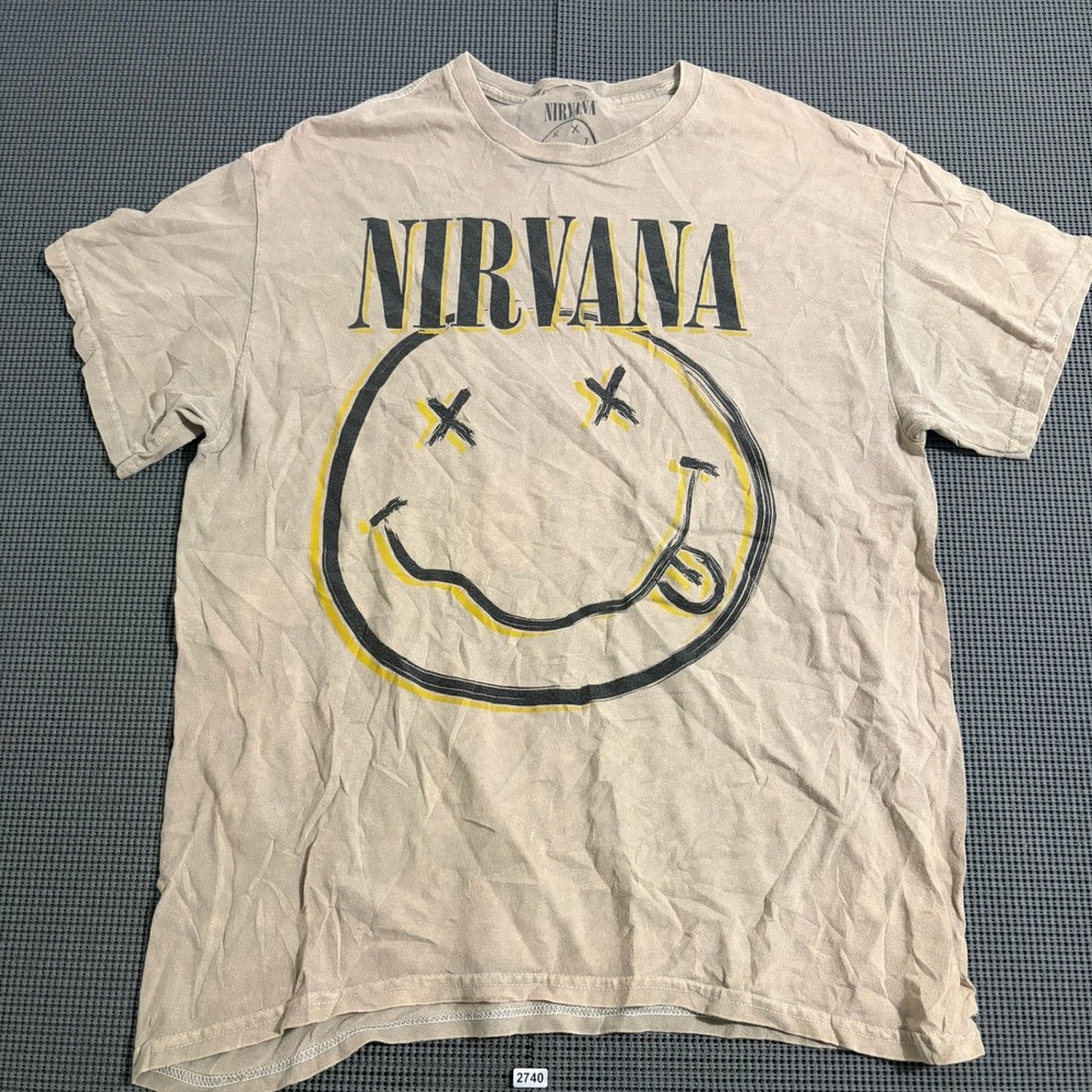 Nirvana Smiley Face Acid Wash Graphic T-Shirt Tan Size L